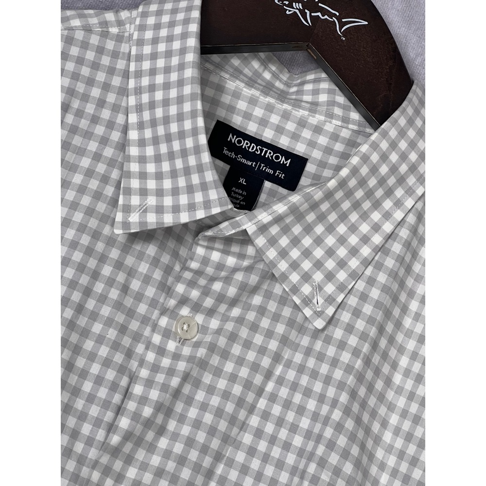 Nordstrom Tech-Smart Button Down Mens XL Grey Gingham Trim Fit Stretch Shirt